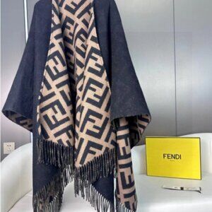 Fendi Reversible FF Logo Cashmere Wrap Shawl with Fringe & Box